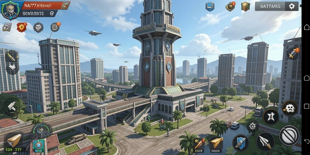 Tampilan gameplay NA777 dengan menara dan musuh yang dinamis.
