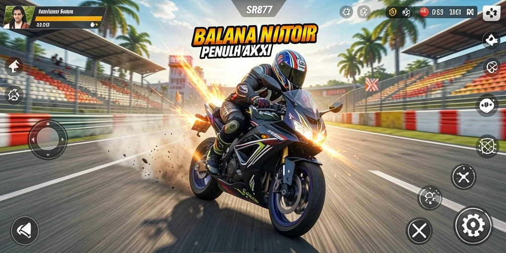 Screenshot gameplay SR877 menampilkan aksi balapan motor yang mendebarkan.